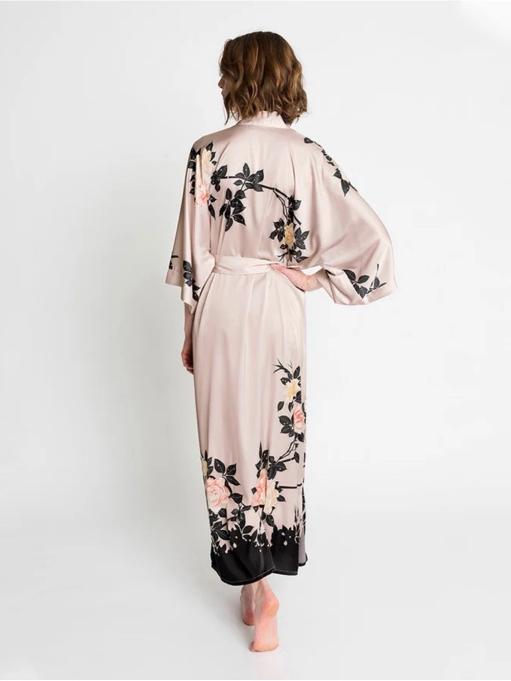 Long Floral Satin Kimono Robe - Pink - Picture 2 of 7
